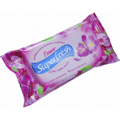 Акція Серветка волога Super Fresh асортимент (Flower, Breeze, виноград) /15шт