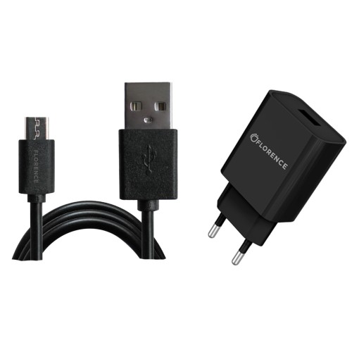 Зарядний пристрій AC220->USB 5V2000мА Florence FL-1020-KM + кабель microUSB чорний