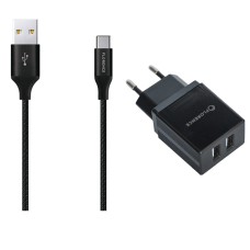Зарядний пристрій AC220->2*USB 5V2000мА Florence FL-1021-KT + кабель Type-C чорний