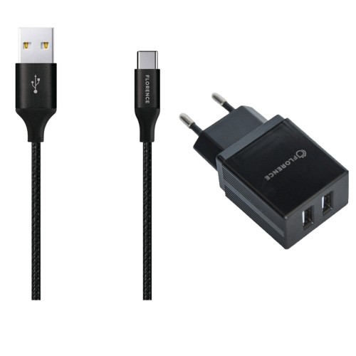 Зарядний пристрій AC220->2*USB 5V2000мА Florence FL-1021-KT + кабель Type-C чорний