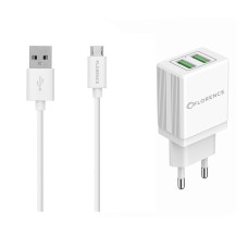 Зарядний пристрій AC220->2*USB 5V2000мА Florence FL-1021-WМ + кабель microUSB білий