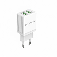 Зарядний пристрій AC220->2*USB 5V2000мА Florence FL-1021-W білий