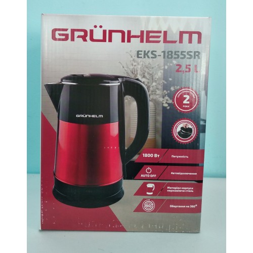 Акція Чайник електричний нержавійка Grunhelm EKS-1855SR 2,5л.1500-1800Вт н /диск (двошаровийкорп.)чорно-червоний