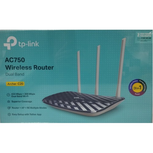 Мережевий маршрутізатор(Router) TP-Link AC750 Archer C20 Wi-Fi Двухдіапазонний 300Mbps /2,4ГГц+433Mbps /5ГГц 1WAN, 4LAN,