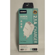 Зарядний пристрій AC220->2*USB 5V2100мА Jelilco А51 білий 12W
